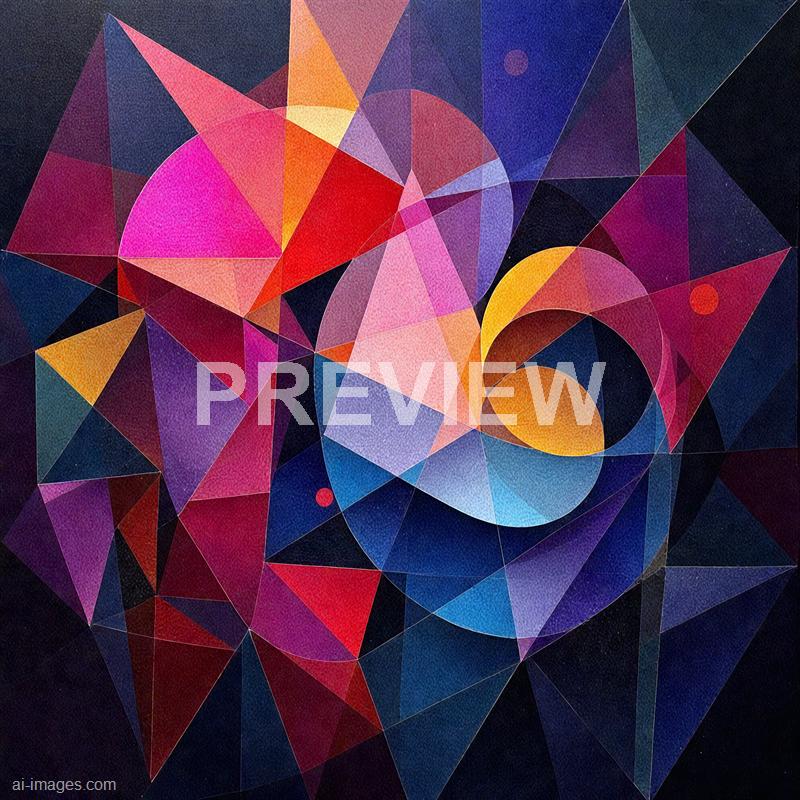 The image displays an abstract geometric composition featuring numerous overlapping triangles and polygons in vibrant colors such as pink, red, orange, yellow, purple, and blue. The shapes are arranged dynamically against a dark background, with some shapes containing subtle textured details, creating a sense of depth and movement within the artwork. The overall effect is energetic and visually engaging, emphasizing bold color contrasts and sharp lines.